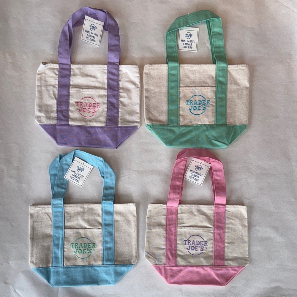 NWT Trader Joe’s Mini Canvas Tote Bag Set (Pastel Purple, Green, Blue, Pink)